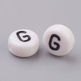 Flat Round with Letter G Acrylic Beads, with Horizontal Hole, White & Black, Size: about 7mm in diameter, 4mm thick, hole: 1mm, 100pc/Set