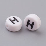 Flat Round with Letter H Acrylic Beads, with Horizontal Hole, White & Black, Size: about 7mm in diameter, 4mm thick, hole: 1mm, 100pcs/Set