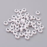 Flat Round with Letter H Acrylic Beads, with Horizontal Hole, White & Black, Size: about 7mm in diameter, 4mm thick, hole: 1mm, 100pcs/Set