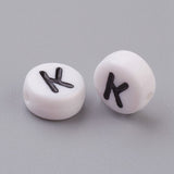 Flat Round with Letter K Acrylic Beads, with Horizontal Hole, White & Black, Size: about 7mm in diameter, 4mm thick, hole: 1mm, 100pcs/Set