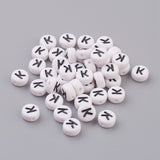 Flat Round with Letter K Acrylic Beads, with Horizontal Hole, White & Black, Size: about 7mm in diameter, 4mm thick, hole: 1mm, 100pcs/Set