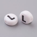 Flat Round with Letter L Acrylic Beads, with Horizontal Hole, White & Black, about 7mm in diameter, hole: about 1mm, 100pcs/Set