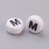 Flat Round with Letter M Acrylic Beads, with Horizontal Hole, White & Black, Size: about 7mm in diameter, 4mm thick, hole: 1mm, 100pcs/Set