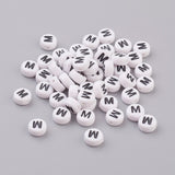 Flat Round with Letter M Acrylic Beads, with Horizontal Hole, White & Black, Size: about 7mm in diameter, 4mm thick, hole: 1mm, 100pcs/Set