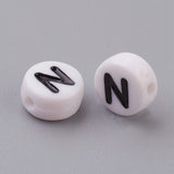 Flat Round with Letter N Acrylic Beads, with Horizontal Hole, White & Black, Size: about 7mm in diameter, 4mm thick, hole: 1mm, 100pcs/Set