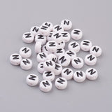 Flat Round with Letter N Acrylic Beads, with Horizontal Hole, White & Black, Size: about 7mm in diameter, 4mm thick, hole: 1mm, 100pcs/Set