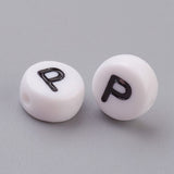 Flat Round with Letter P Acrylic Beads, with Horizontal Hole, White & Black, Size: about 7mm in diameter, 4mm thick, hole: 1mm, 100pcs/Set