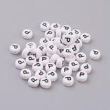 Flat Round with Letter P Acrylic Beads, with Horizontal Hole, White & Black, Size: about 7mm in diameter, 4mm thick, hole: 1mm, 100pcs/Set