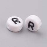 Flat Round with Letter R Acrylic Beads, with Horizontal Hole, White & Black, Size: about 7mm in diameter, 4mm thick, hole: 1mm, 100pcs/Set