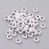 Flat Round with Letter R Acrylic Beads, with Horizontal Hole, White & Black, Size: about 7mm in diameter, 4mm thick, hole: 1mm, 100pcs/Set