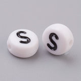 Flat Round with Letter S Acrylic Beads, with Horizontal Hole, White & Black, Size: about 7mm in diameter, 4mm thick, hole: 1mm, 100pcs/Set