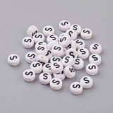 Flat Round with Letter S Acrylic Beads, with Horizontal Hole, White & Black, Size: about 7mm in diameter, 4mm thick, hole: 1mm, 100pcs/Set