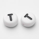 Flat Round with Letter T Acrylic Beads, with Horizontal Hole, White & Black, Size: about 7mm in diameter, 4mm thick, hole: 1mm, 100pcs/Set