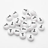 Flat Round with Letter T Acrylic Beads, with Horizontal Hole, White & Black, Size: about 7mm in diameter, 4mm thick, hole: 1mm, 100pcs/Set