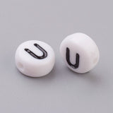 Flat Round with Letter U Acrylic Beads, with Horizontal Hole, White & Black, Size: about 7mm in diameter, 4mm thick, hole: 1mm, 100pcs/Set