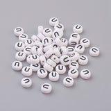 Flat Round with Letter U Acrylic Beads, with Horizontal Hole, White & Black, Size: about 7mm in diameter, 4mm thick, hole: 1mm, 100pcs/Set