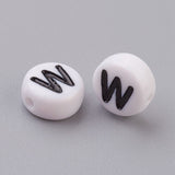 Flat Round with Letter W Acrylic Beads, with Horizontal Hole, White & Black, Size: about 7mm in diameter, 4mm thick, hole: 1mm, 100pc/Set