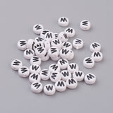 Flat Round with Letter W Acrylic Beads, with Horizontal Hole, White & Black, Size: about 7mm in diameter, 4mm thick, hole: 1mm, 100pc/Set