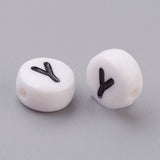 Flat Round with Letter Y Acrylic Beads, with Horizontal Hole, White & Black, Size: about 7mm in diameter, 4mm thick, hole: 1mm, 100pcs/Set