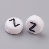 Flat Round with Letter Z Acrylic Beads, with Horizontal Hole, White & Black, Size: about 7mm in diameter, 4mm thick, hole: 1mm, 100pc/Set