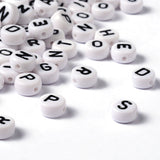 Mixed Letters White Acrylic Horizontal Hole Letter Beads, Flat Round, 7x4mm, Hole: 1mm, about 380pcs/50g, 50g/Set