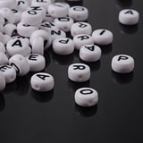 Mixed Letters White Acrylic Horizontal Hole Letter Beads, Flat Round, 7x4mm, Hole: 1mm, about 380pcs/50g, 50g/Set