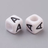 Letter A Cube Acrylic Beads, Horizontal Hole, White, 6mm in diameter, hole: 3.2mm, about 300pcs/50g