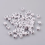 Letter A Cube Acrylic Beads, Horizontal Hole, White, 6mm in diameter, hole: 3.2mm, about 300pcs/50g