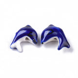 Handmade Porcelain Beads,  Famille Rose Style, Dolphin, Medium Blue, 14~16x19.5~21x9~10.5mm, Hole: 1.6~2mm, 5pc/Set