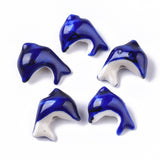 Handmade Porcelain Beads,  Famille Rose Style, Dolphin, Medium Blue, 14~16x19.5~21x9~10.5mm, Hole: 1.6~2mm, 5pc/Set