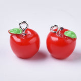 Apple Resin Charms, with Platinum Tone Iron Screw Eye Pin Peg Bails, Red, 15x12mm, Hole: 2mm, 10pc/Set