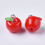 Apple Resin Charms, with Platinum Tone Iron Screw Eye Pin Peg Bails, Red, 15x12mm, Hole: 2mm, 10pc/Set