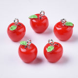 Apple Resin Charms, with Platinum Tone Iron Screw Eye Pin Peg Bails, Red, 15x12mm, Hole: 2mm, 10pc/Set