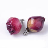 Handmade Natural Real Rose Dried Flower Pendants, Covered with Clear Epoxy Resin, with 304 Stainless Steel Peg Bails Pendants, Stainless Steel Color, Purple, Stainless Steel Color, 15.5~18x8~12.5x8~11.5mm, Hole: 1.4mm, 2pc/Set