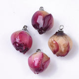 Handmade Natural Real Rose Dried Flower Pendants, Covered with Clear Epoxy Resin, with 304 Stainless Steel Peg Bails Pendants, Stainless Steel Color, Purple, Stainless Steel Color, 15.5~18x8~12.5x8~11.5mm, Hole: 1.4mm, 2pc/Set