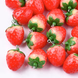 Resin Pendants, with Platinum Plated Iron Findings, Imitation Food, Strawberry, Red, 28~29x20x20mm, Hole: 2mm, 10pcs/Set