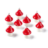 Opaque Resin Pendants, with Platinum Tone Iron Loops, Mushroom with Polka Dots, Red, 23~24x17mm, Hole: 2mm, 10pc/Set