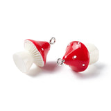 Opaque Resin Pendants, with Platinum Tone Iron Loops, Mushroom with Polka Dots, Red, 23~24x17mm, Hole: 2mm, 10pc/Set