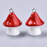 Opaque Resin Pendants, with Platinum Tone Iron Loops, Mushroom with Polka Dots, Red, 23~24x17mm, Hole: 2mm, 10pc/Set