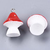 Opaque Resin Pendants, with Platinum Tone Iron Loops, Mushroom with Polka Dots, Red, 23~24x17mm, Hole: 2mm, 10pc/Set