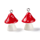 Opaque Resin Pendants, with Platinum Tone Iron Loops, Mushroom with Polka Dots, Red, 23~24x17mm, Hole: 2mm, 10pc/Set