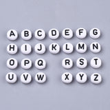 White Opaque Acrylic Beads, Horizontal Hole, Flat Round with Letter, Black, Letter, 7x4mm, Hole: 1.8mm, 200pc/Set