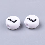 White Opaque Acrylic Beads, Horizontal Hole, Flat Round with Letter, Black, Letter, 7x4mm, Hole: 1.8mm, 200pc/Set