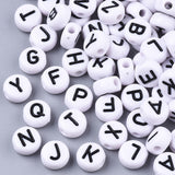 White Opaque Acrylic Beads, Horizontal Hole, Flat Round with Letter, Black, Letter, 7x4mm, Hole: 1.8mm, 200pc/Set