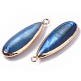 Natural Freshwater Shell Pendants, with Iron Loops, Edge Golden Plated, Dyed, Teardrop, Marine Blue, 31~33x10.5~12x5mm, Hole: 1.8mm, 2pc/Set