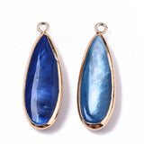 Natural Freshwater Shell Pendants, with Iron Loops, Edge Golden Plated, Dyed, Teardrop, Marine Blue, 31~33x10.5~12x5mm, Hole: 1.8mm, 2pc/Set