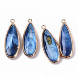 Natural Freshwater Shell Pendants, with Iron Loops, Edge Golden Plated, Dyed, Teardrop, Marine Blue, 31~33x10.5~12x5mm, Hole: 1.8mm, 2pc/Set