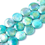 Natural Freshwater Shell Beads Strands, AB Color Plated, Dyed, Flat Round, Cyan, 10~11.5x3~4mm, Hole: 1mm, 34pcs/strand, 15.15 inch