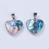 Abalone Shell/Paua Shell Pendants, with Platinum Tone Brass Bail, Heart, Platinum, 25x21.5x3.5mm, Hole: 4.5x7.5mm