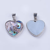 Abalone Shell/Paua Shell Pendants, with Platinum Tone Brass Bail, Heart, Platinum, 25x21.5x3.5mm, Hole: 4.5x7.5mm